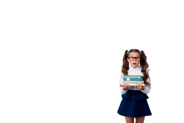 Composite photo collage of astonished girl hold book stack library literature lesson preparation geek isolated on painted background