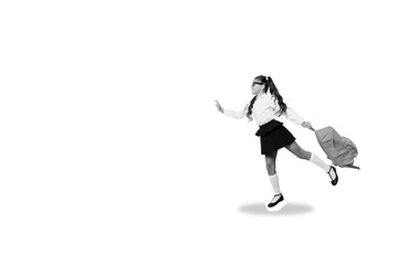 Composite photo collage of happy cute schoolgirl stand one leg balance carry backpack education fall season isolated on painted background