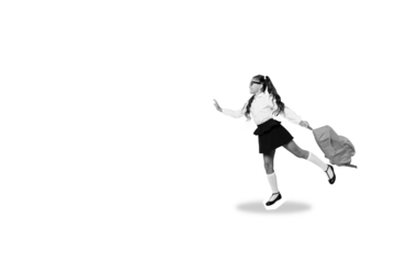 Composite photo collage of happy cute schoolgirl stand one leg balance carry backpack education fall season isolated on painted background