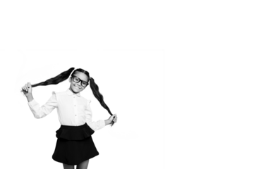 Composite photo collage of happy schoolgirl hold ponytails wear school uniform education knowledge isolated on painted background