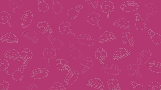 Food doodle pattern for various delicious treats perfect for packaging design, stationery, textiles, and kitchen decor. Vector illustration available.