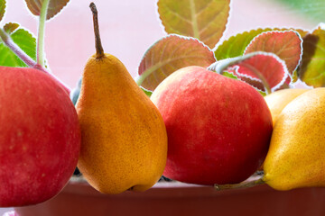 Ripe pears and apples close-up