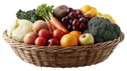Vibrant assortment of fresh fruits and vegetables in a woven basket isolated on transparent background
