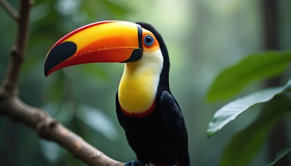 Fototapeta premium Toucan bird perches on tree branch in rich green jungle. Colorful beak with orange yellow and red details. Black white body feathers stand out against tropical rainforest foliage. Closeup view.