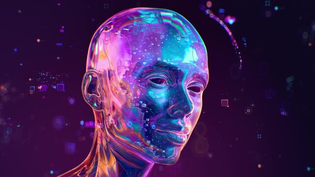 Concept visualization of artificial intelligence in the form of a futuristic human head with digital elements and circuits on technology background. 3d animation