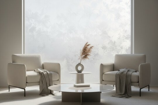 Two modern armchairs in a cozy living room with a large frosted window. Minimalist winter interior design with natural light