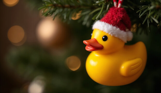 Close up of Yellow duck toy wearing Santa hat hanging on Christmas tree with bokeh background - Powered by Adobe