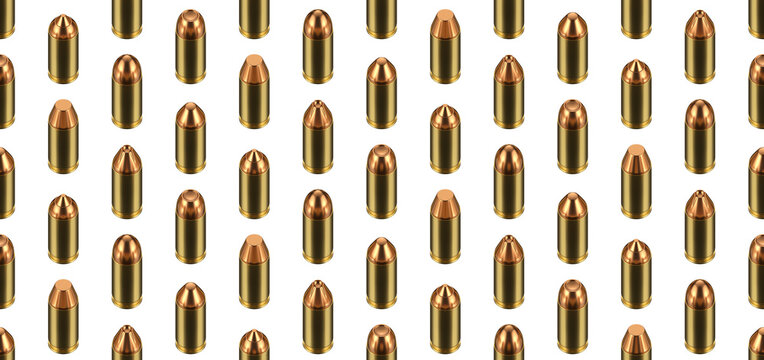 Seamless Pattern of 9mm Bullets and Cartridges. Metallic Ammunition Repeat Texture. Realistic 3D isolated illustration