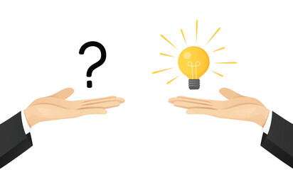 Businessman hands holding question mark and lightbulb as answer. Creativity, making decision and problem solving. Isolated vector illustration