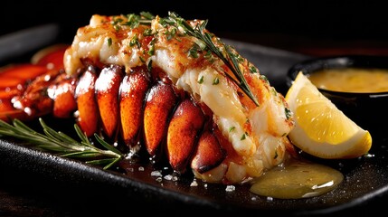 Grilled Lobster Tail with Herb Garnish Served on Plate with Lemon Wedge and Dipping Sauce Close-Up