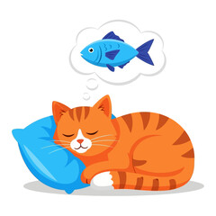 A cute cartoon orange tabby cat sleeps soundly on a blue pillow, dreaming of a big blue fish in a thought bubble above its head.