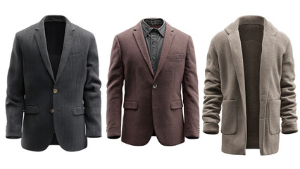Three stylish mens blazers showcasing modern design and versatility isolated on transparent background