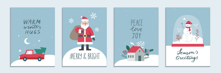 Set of Christmas and New Year posters, greeting cards, holiday lettering and cute illustrations of Santa Claus, snowman, house, car delivering Christmas tree. Vector illustration