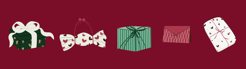 Multicolored Christmas gift boxes with bows and ribbons on a red background. Festive gift boxes for New Year's, birthdays, and other holidays.