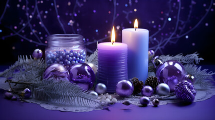 Purple winter arrangement with candles and Christmas decorations - festive decor in purple and blue tones with Christmas balls and branches
