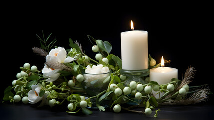 Festive arrangement of white candles and winter flowers on a black background - elegant Christmas decor with candles, greenery and berries
