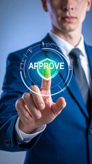 A businessperson's hand touches a glowing digital interface with the word "APPROVE" inside a shield icon. He wears a suit