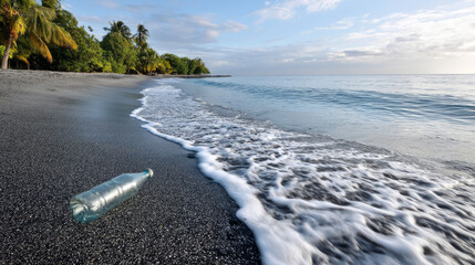 Used plastic water bottle washed up on the shore of a tropical beach, highlighting the worldwide crisis of plastic pollution on even the most remote islands