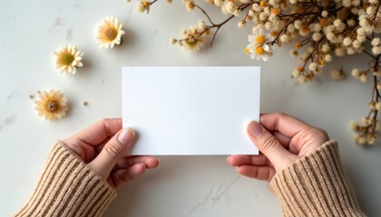 Obraz premium Hands hold blank white card with dried flowers and beige sweater. Gentle seasonal scene with copy space for text. Warm autumn flat lay composition.