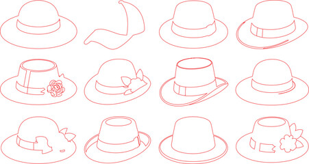 Red Outlined Cartoon Hats Featuring Fedoras, Bowler Hats, and Various Flower Accents Set Against White