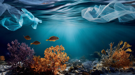 Obraz premium Plastic trash in the ocean. Environmental pollution. sea is covered in plastic and dead sea creatures. global problem, threat ocean wildlife and calling for urgent action to protect the environment.