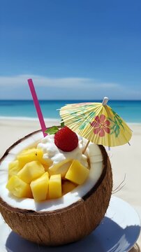 Tropical Coconut Delight: Refreshing Pineapple & Cream Cocktail on a Sunny Beach Paradise