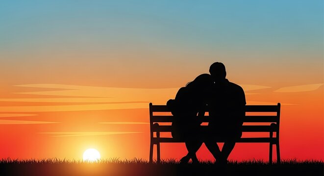 Couple enjoying sunset on bench - A moment of peace.