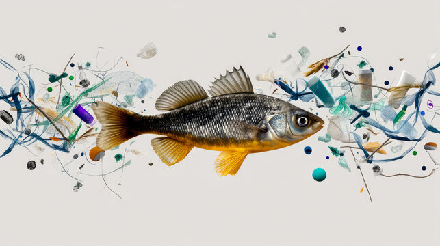 Plastic trash. Conceptual image of fish and plastic. Plastic pollution of the ocean, ecological crisis. Say no to plastic. Single-use plastic waste