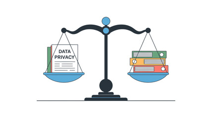 Conceptual illustration of data privacy documents on one side of a scale balanced against a stack of colorful binders on the other side representing information management