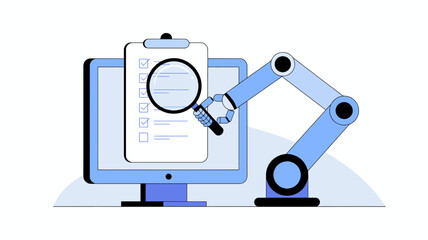 Robotic arm with magnifying glass examining a digital checklist on a computer screen symbolizing automation and data analysis