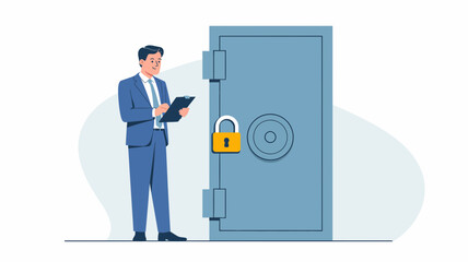 Businessman in a suit stands next to a large blue safe with a yellow padlock holding a clipboard and reviewing information