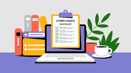 Business compliance checklist on laptop screen with books and coffee cup on desk representing organizational tasks and regulations