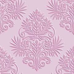 3d embossed Damask style tropical seamless pattern with palm leaves, swirls, vintage elements. Relief ornamental beautiful textured background. Vector repeat modern emboss backdrop. Endless tetxture.