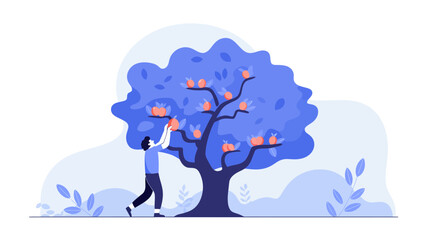 Person reaching for ripe fruit on a stylized blue tree with a minimalist background and abstract shapes