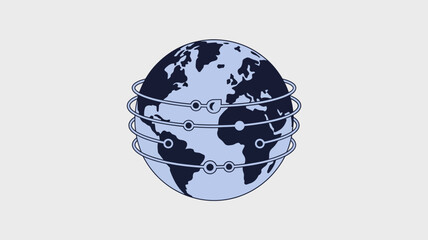 Stylized illustration of a dark blue planet earth with light blue continents and interconnected circular nodes on orbiting lines against a light gray background