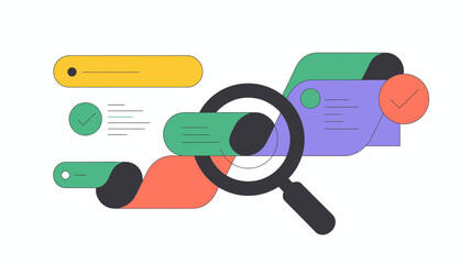 Abstract illustration of a magnifying glass examining a long scroll of documents with checkmarks and progress bars symbolizing research and analysis