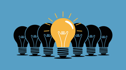 One bright yellow glowing light bulb stands out from a row of dark unlit bulbs symbolizing innovation and unique ideas