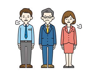 疲れた表情でため息をつく、社長と男女の社員の全身ベクターイラスト素材セット＿カラー