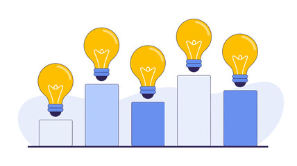 Illustration of glowing light bulbs above rising bar graph bars symbolizing innovation growth and successful idea generation