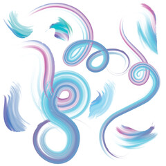 Vector brush strokes set with abstract colorful collection of artistic paint swirls and doodle wavy lines in vibrant blue, turquoise, and purple watercolor textures. Isolated on white background.