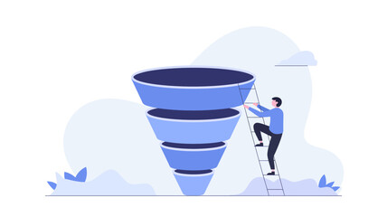 Man climbs ladder up a large blue sales funnel symbolizing business growth and reaching new heights in marketing strategy
