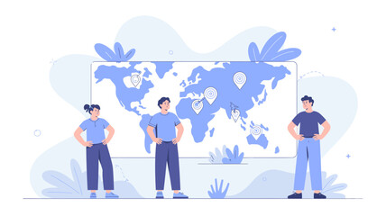 Diverse team of people standing in front of a world map with location pins representing global business strategy and planning