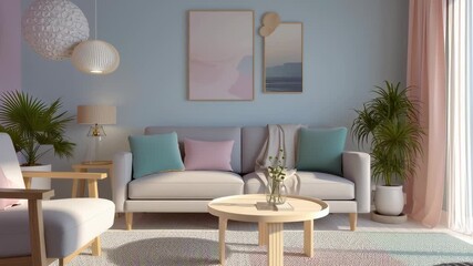 Bright modern living room with pastel colors, sunlight through large window, soft furniture, and cozy Scandinavian design. - Powered by Adobe