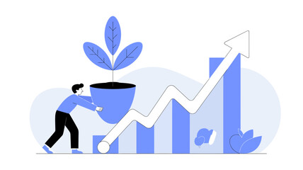 Man nurturing a growing plant symbolizing business growth and financial success with an upward trending graph and bar chart