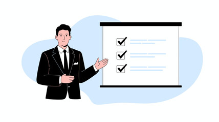 Confident businessman in a suit presents a completed checklist on a whiteboard during a presentation