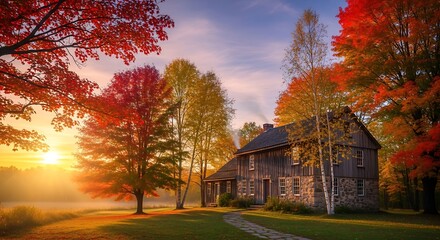 Naklejka premium Autumnal Serenity - A Rustic Home Amidst Vibrant Fall Foliage.