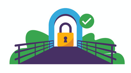 Secure bridge with a locked gate and a green checkmark symbolizing safety and successful access to a protected area
