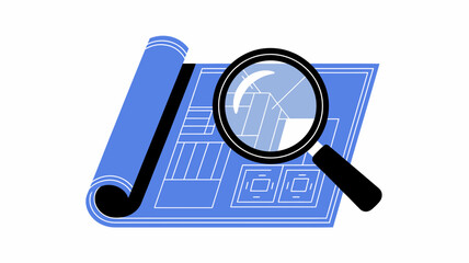 Magnifying glass examining a rolled up blue blueprint with architectural plans and designs for construction projects