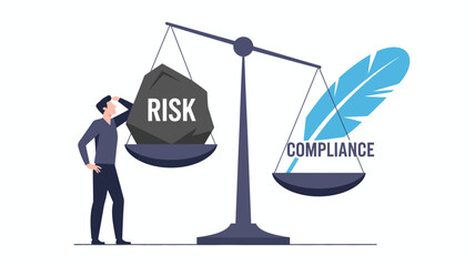 Man pondering the imbalance between heavy risk and light compliance represented by a feather on a scale