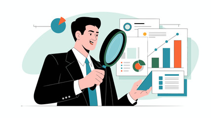 Businessman using a magnifying glass to analyze financial charts and graphs for business growth and data analysis